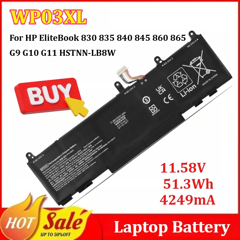 

WP03XL 11.58V 51.3Wh 4249mAh Laptop Battery for HP EliteBook 830 835 840 845 860 865 G9 G10 G11 HSTNN-LB8W High Quality