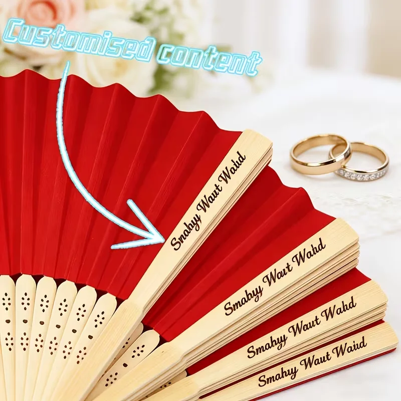 Customized Personalized Engraved Red Bamboo Folding Hand Fan, Personalized Wedding Guest Favors, Bulk Bamboo Fans for Bridal Showers, Summer Party Gifts, Event Decorations, Elegant Wedding Guest Gifts, Bachelorette Parties, Summer Wedding Favors, Unique Guest Wedding Return Gifts, Party Decorations