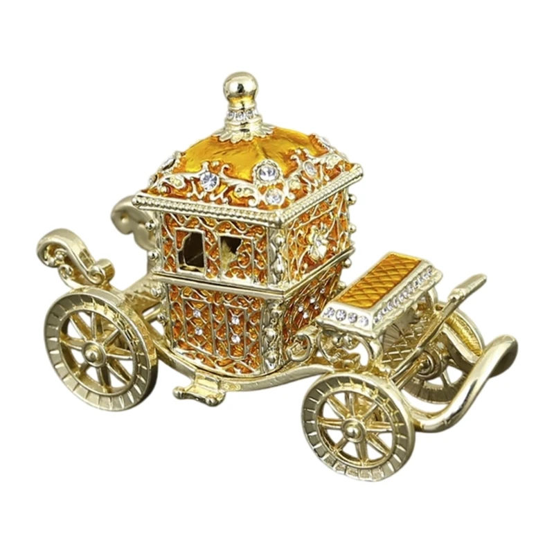 62KE Vanity Tabletop Jewelry Box Ornate Vehicle with Hinged Top Gold Tone Finish for Rings Earrings Necklaces Tiny