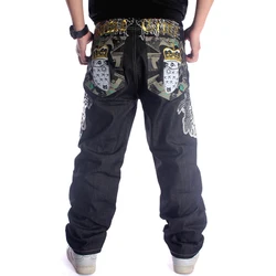 Men's hip hop jeans Plus size loose streetwear baggy denim pants Fashion letters hawk wings skull crown long trousers