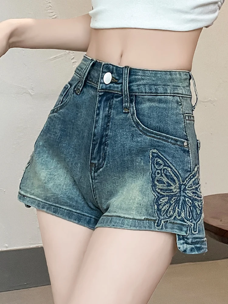 

Summer Low Waist Spice Girls Shorts New Butterfly Embroidery Skinny Fashionable Versatile and Unique Denim Shorts