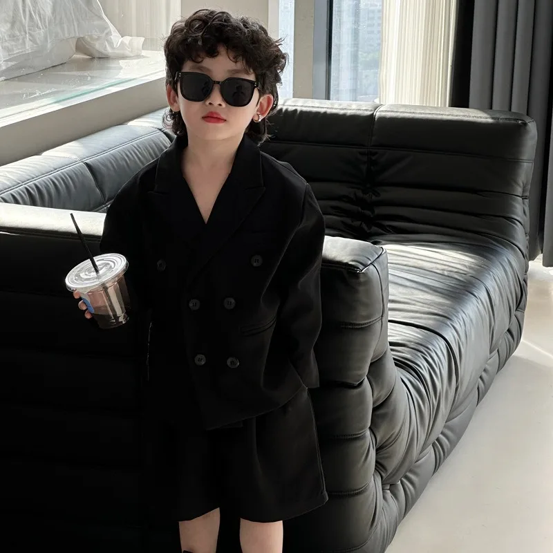 Summer Autumn Boys Two Piece Set Suit Full Sleeve Top Short Pant Cool Outdoor Loose Fashion Turn-down Collar