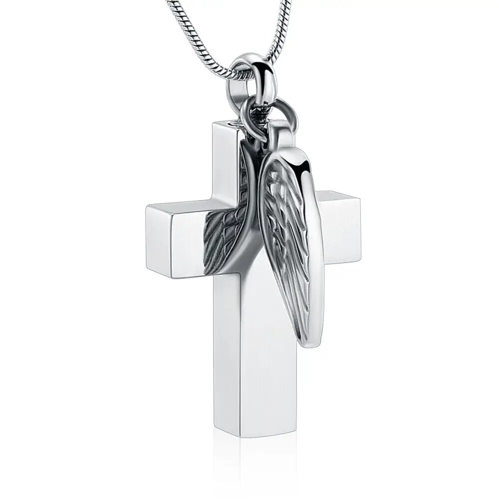 

Angel Wings Cross Cremation Urn Necklace For Dad Grandma Mom Ashes Stainless Steel Memorial Keepsake