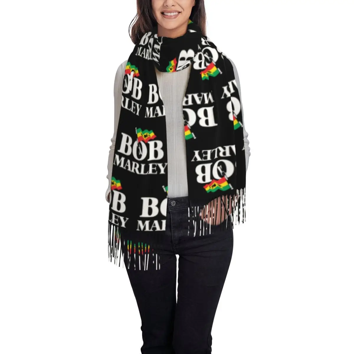 Customized Ladies Long Jamaica Singer Reggae Rock Bob Marley Scarves Women Winter Thick Warm Tassel Shawl Wraps Scarf