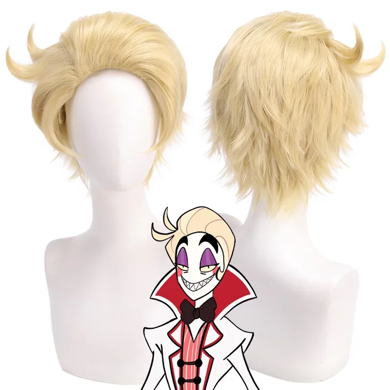 Parrucca cosplay Anime Lucifer Morningstar Hotel adulto unisex resistente al calore capelli biondi corti sintetici accessori per Halloween