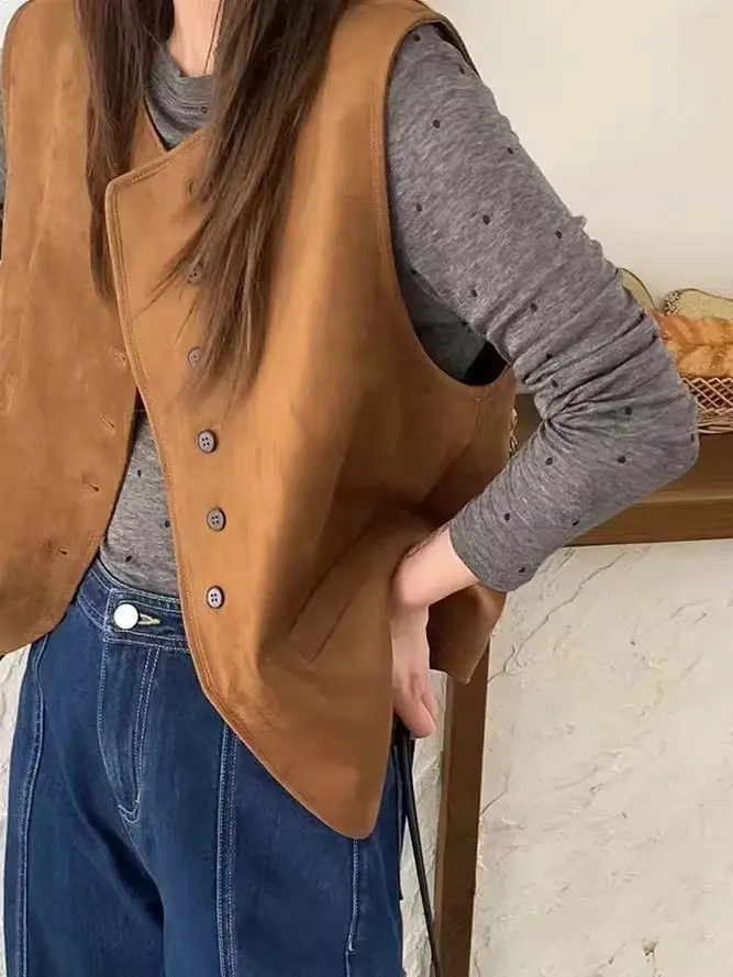 

Spring Autumn Suede Sleeveless Vest For Women New O-neck Single Breasted Waistcoat Female Korean Loose Short Vest