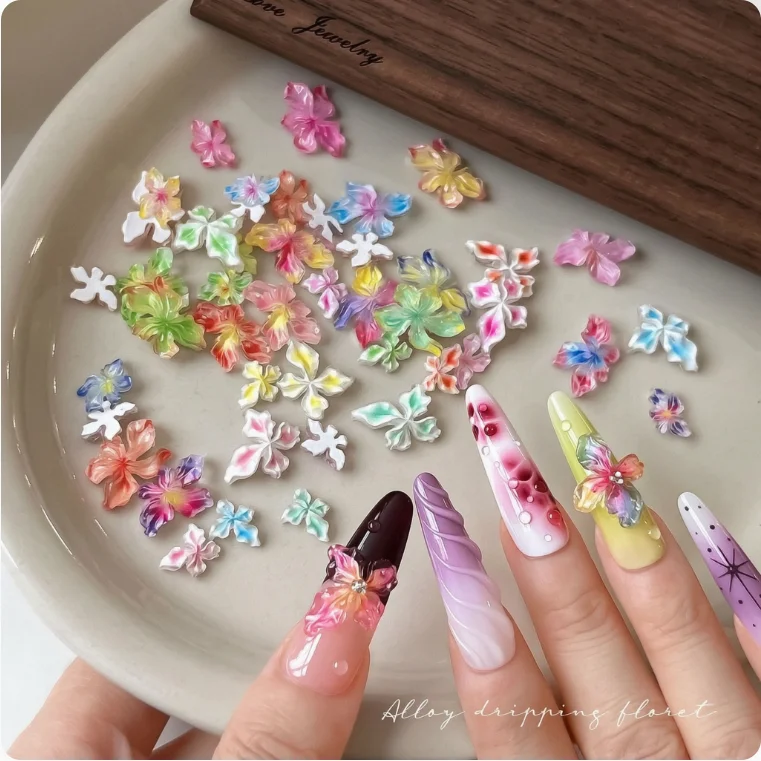 50pcs/bag 5D Gradient Resin Flowers Nail Charms Mixed Ice-Crystal Lily Floret Nail Decor Gradient Flowers Nail Part