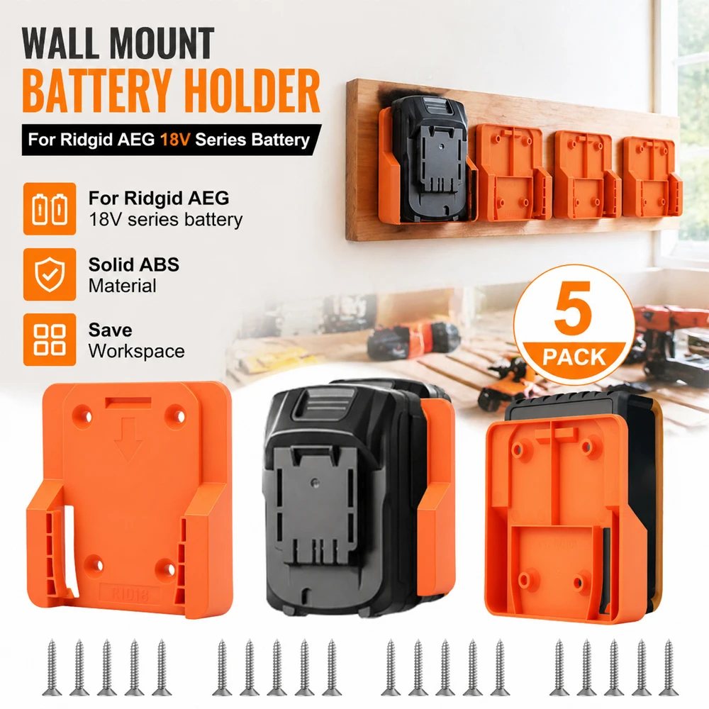 5 Pack Battery Holder for AEG 18V Wall Mount Bracket Storage Rack Heavy Duty ABS Plastic Organizer for Workshop Garage Truck