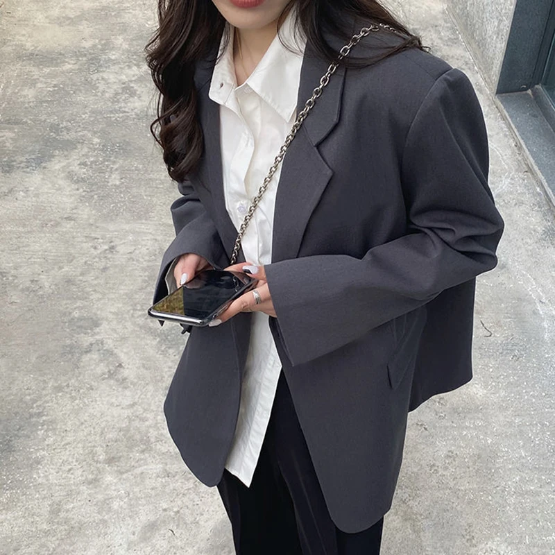 Lucyever Senior Gray Blazer for Women Korean Style Loose Long Sleeve Suit Coat Woman 2024 Spring New Single Button Casual Jacket