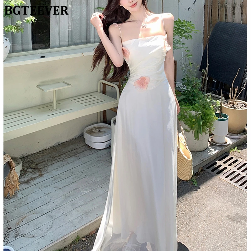 BGTEEVER Elegant Slim Waist Women Sleeveless A-line Dress Summer Stylish Ladies Spaghetti Strap Mid-Length Dress