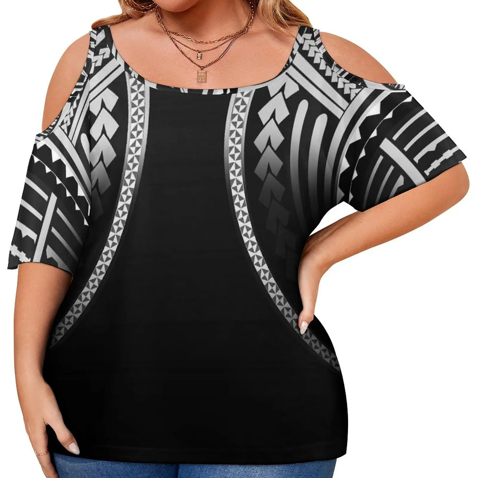 High Quality 2024 Polynesian Island Style Women'S Off-The-Shoulder Fashion Top Hawaiian Casual Women'S Off-The-Shoulder T-Shirt