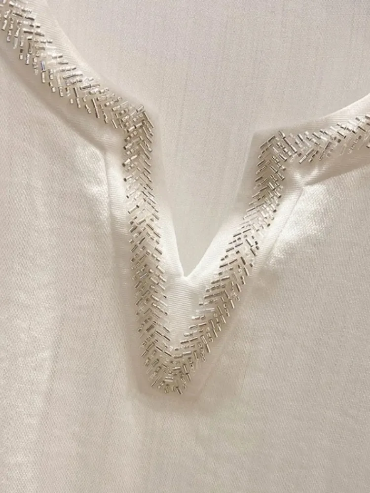 قميص نسائي فضفاض بأكمام قصيرة وياقة على شكل V، تصميم أصلي أنيق لفصل الصيف، مزين بالخرز والألماس، قميص أبيض فضفاض
