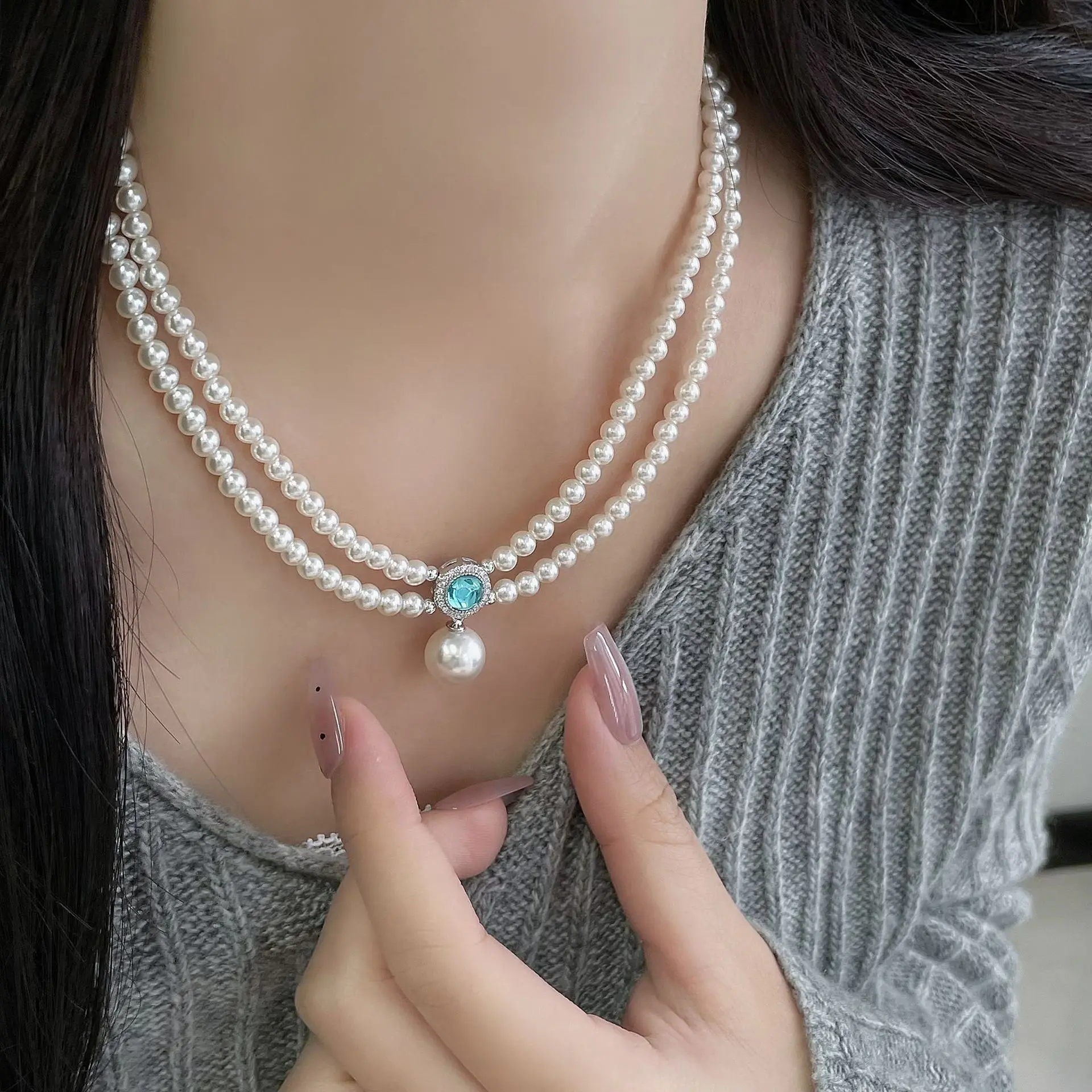 S925 Pure Silver Sea Blue Treasure Freshwater Pearl Double Layer Necklace for Women's Light Luxury Luxury High Sense Bracelet