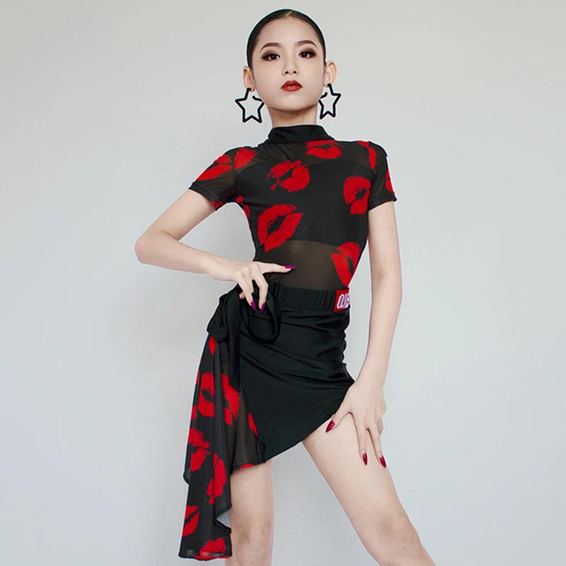 

2025Kids GirlsMesh Standard Print Backless Latin Dance Costume Children Professional Top Skirt Ballroom Rumba Training Dancewear