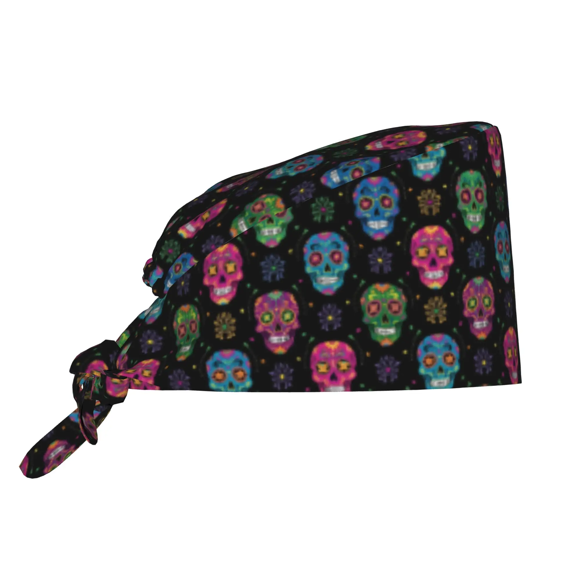 Sugar Skulls Breathable Scrub Hat Surgical Scrub Caps Nurse Medical Cap Horror Skeleton Work Scrubs Hat for Medical Surgical