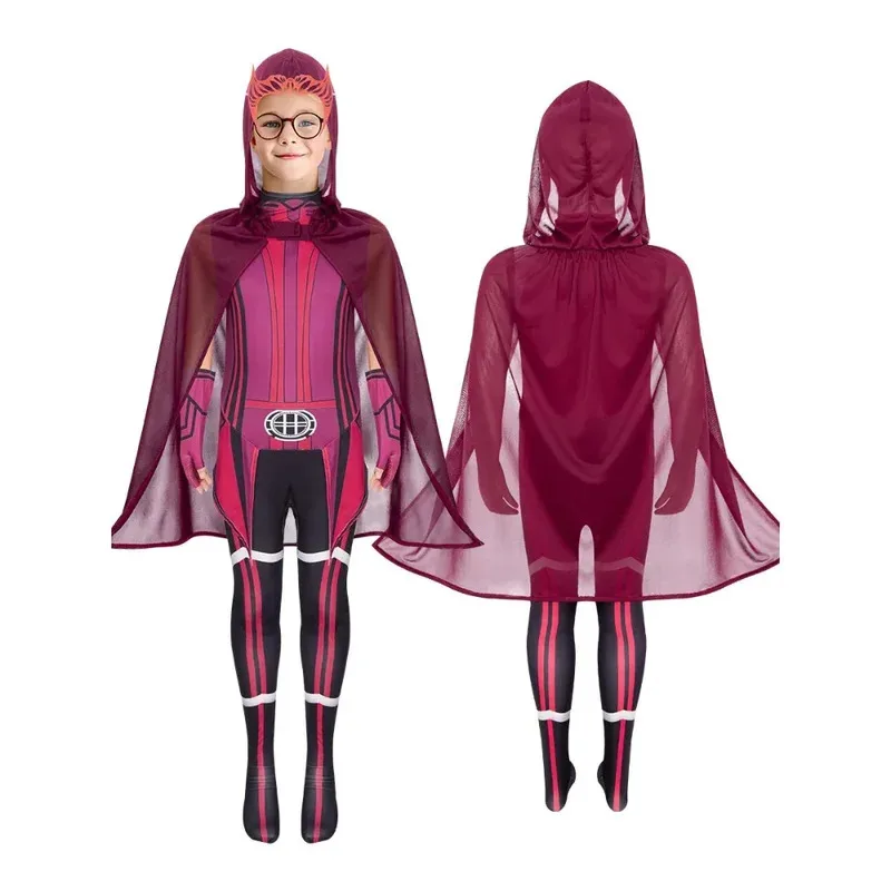 Kids Superhero Scarlet Witch Cosplay Costume with Headdress Cloak The Avengers Role Playing Clothing
