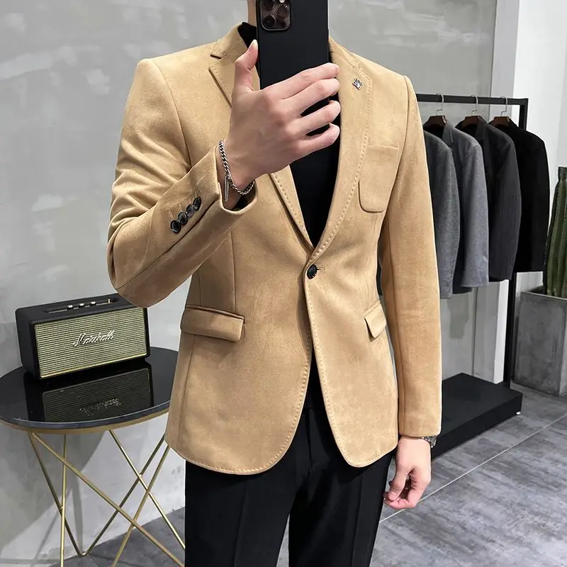 Setelan Suede musim dingin untuk pria, jaket atasan satu potong, jaket Suede jas kecil kasual desain ins trendi versi Korea slim fit 2-A29