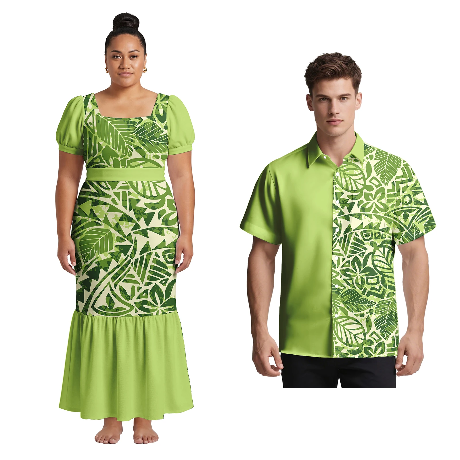 Hot Sale Holiday Polynesian Men Shirts Women Square Neck Lace-up Samoan Dress Hawaii Elegant Flowers Tribal Print Couple Outfits
