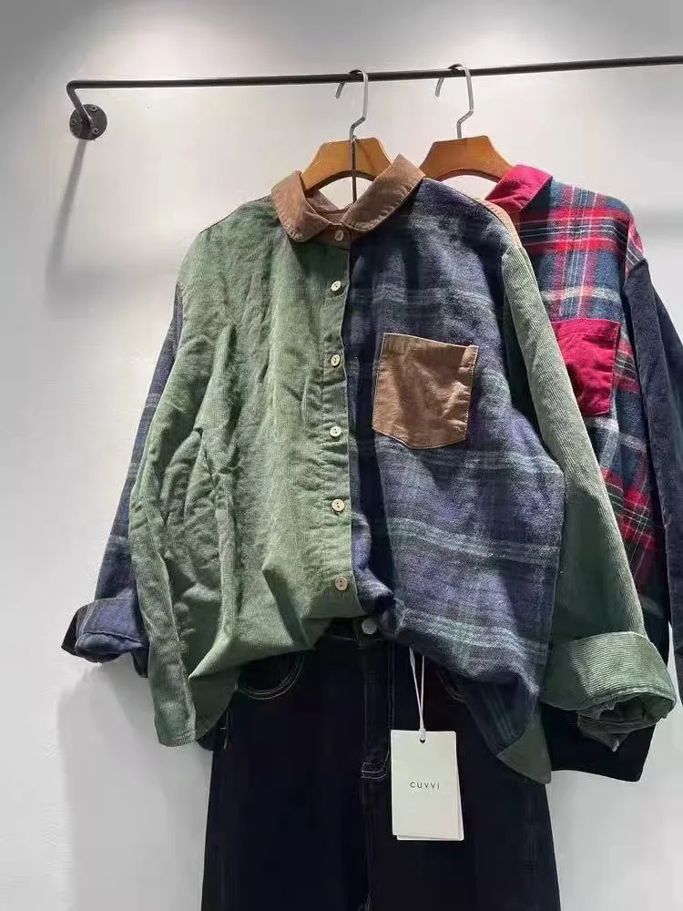 

Элегантная зеленая блузка, женские зимние вельветовые рубашки Mori Girl, японские модные толстые теплые клетчатые лоскутные блузки в горошек