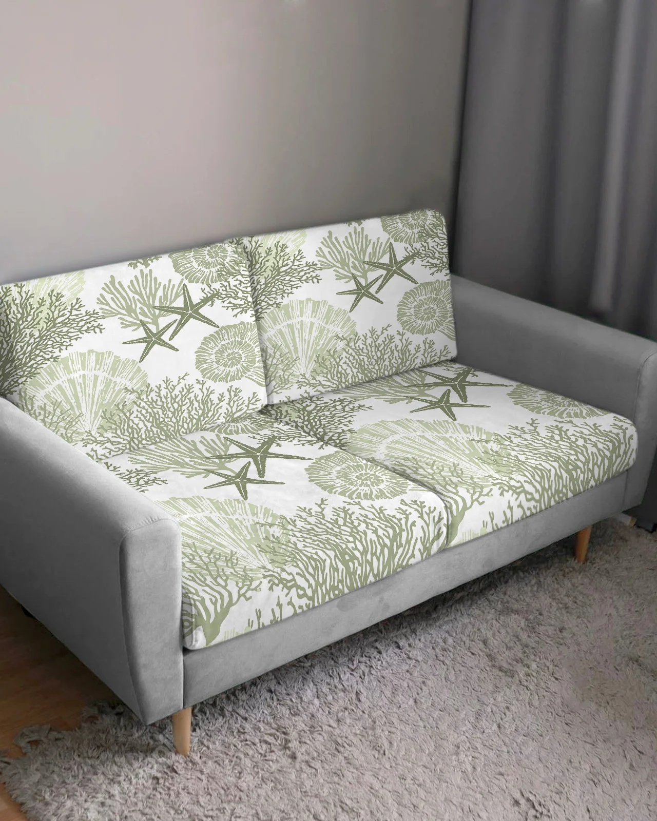 Sage Green Ocean Coral Shells Starfish Sofa Covers for Living Room Elastic Seat Cushion Cover Slipcovers L Shape Sofa Cover