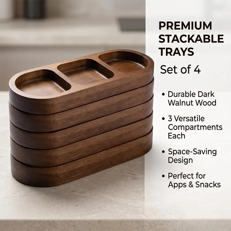 4Pcs Sets 2/3/4 Grid Fruit Platter Dish,Solid Wood Dipping Dish,High-end Breakfast Barbecue,Hot Pot Seasoning Plate,Snack Dish