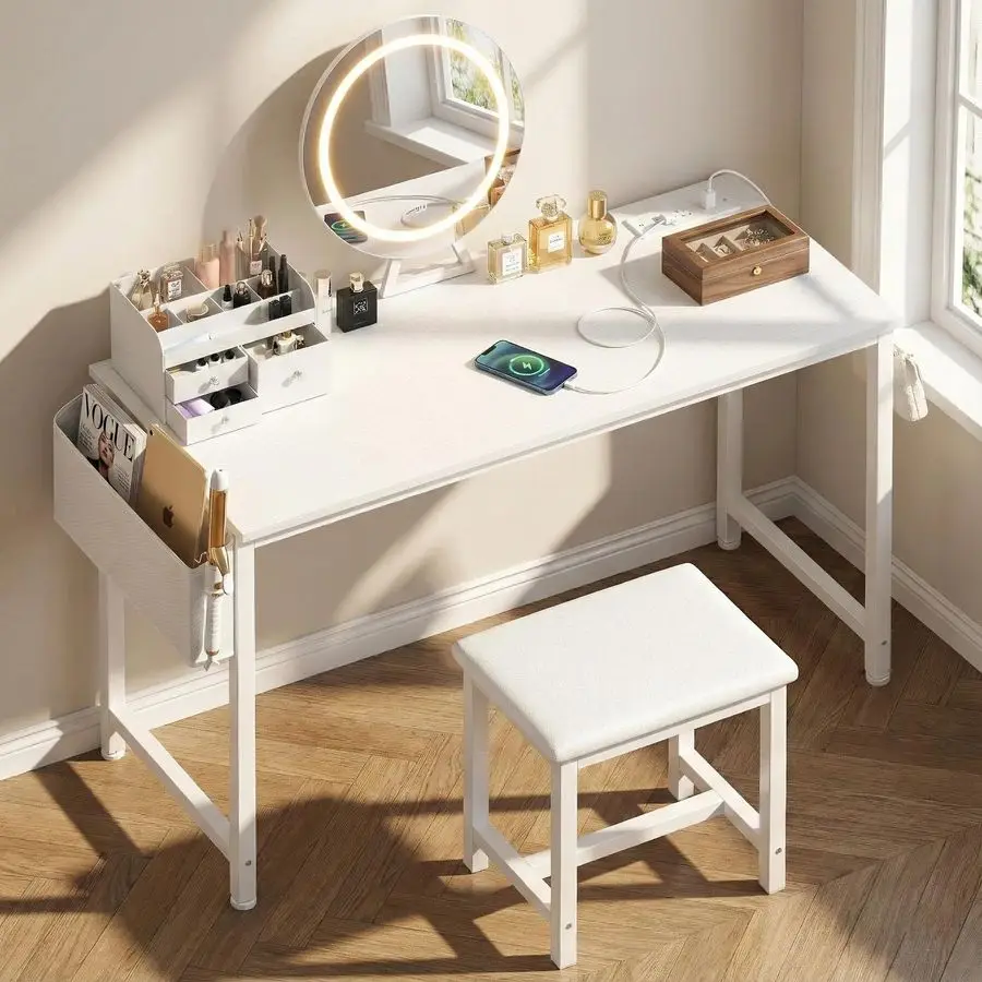 

White Vanity Table with Lighted Mirror 47 White Vanity Desk with Mirror and Lights amp Chair, Makeup Vanitys Set with Power Out