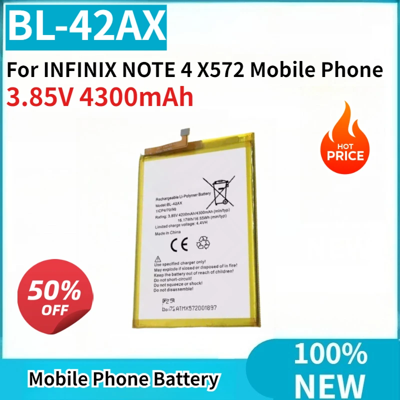 

Высококачественная новая сменная батарея BL-42AX 3.85V 4300mAh для мобильного телефона INFINIX NOTE 4 X572
