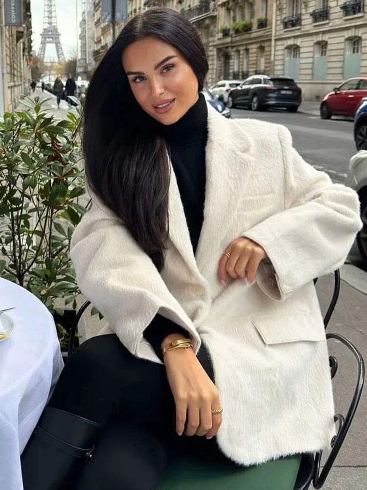 HXAO Women\'s Blazer White Faux Fur Blazer Office Wear Women Long Sleeve Fitted Blazers Women\'s Suit Jacket High Quality Blazers