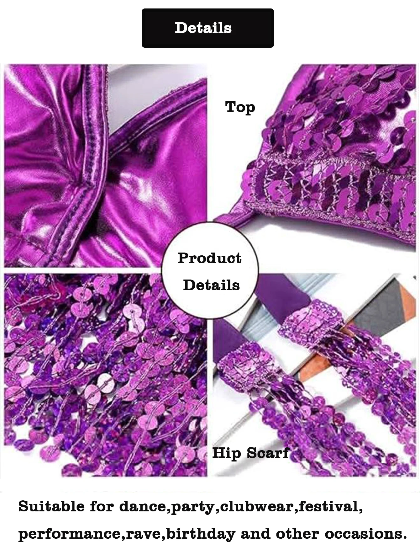 Bauchtanz Top BH Gürtel Set Latin Pailletten Fransen Neckholder Hüftrock Sexy Party Kostüm 4-lagige Quaste Bühnenaufführung Stoffkleidung – Detail 20