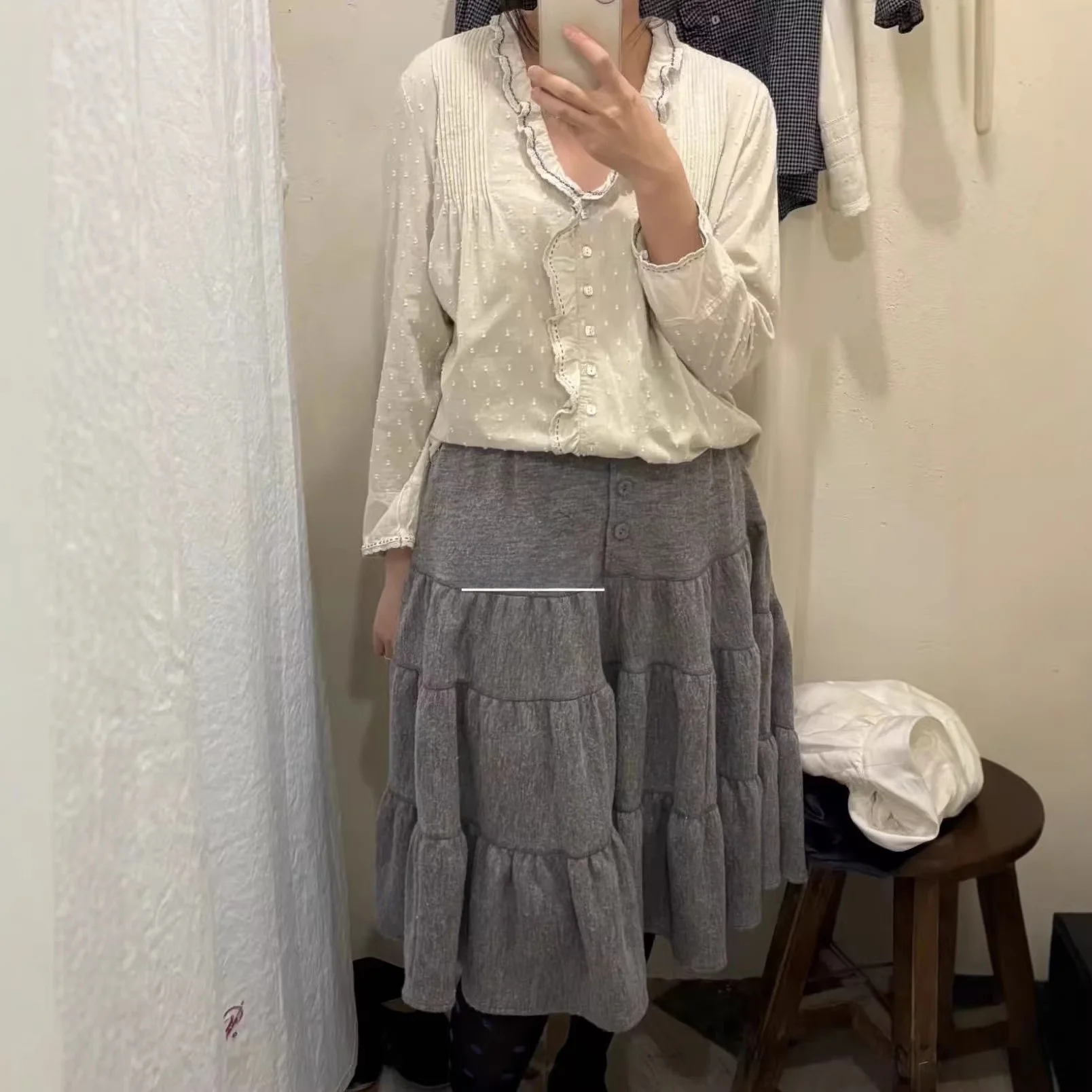 

Viaplin Bell Frill Lace Polka Dot irt Women's Loose Fit Long Sve Cotton Korean Sle Spring Autumn Faion Ladies' Blouse