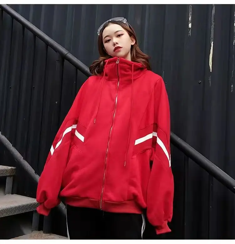 Y2k Hoodie Long Sleeve Kpop Harajuku Drawstring Pocket Sweatshirt 2025 Striped Oversized Zip Up Hoodies Women Retro Jackets