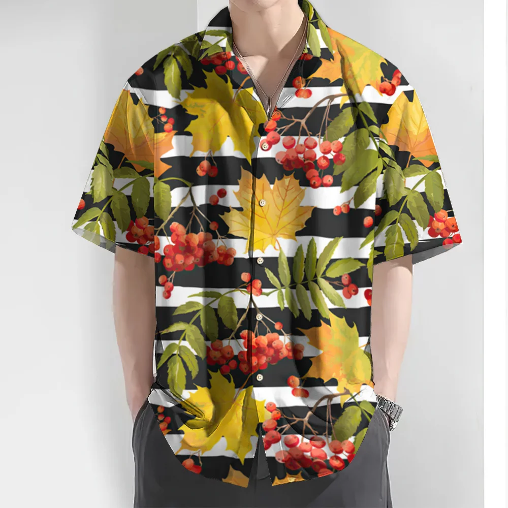 New Striped Men's Shirt Fruit Printed Short Sleeve Shirt For Men Daily Casual Hawaiian Shirt Oversized High Quality Men Clothing