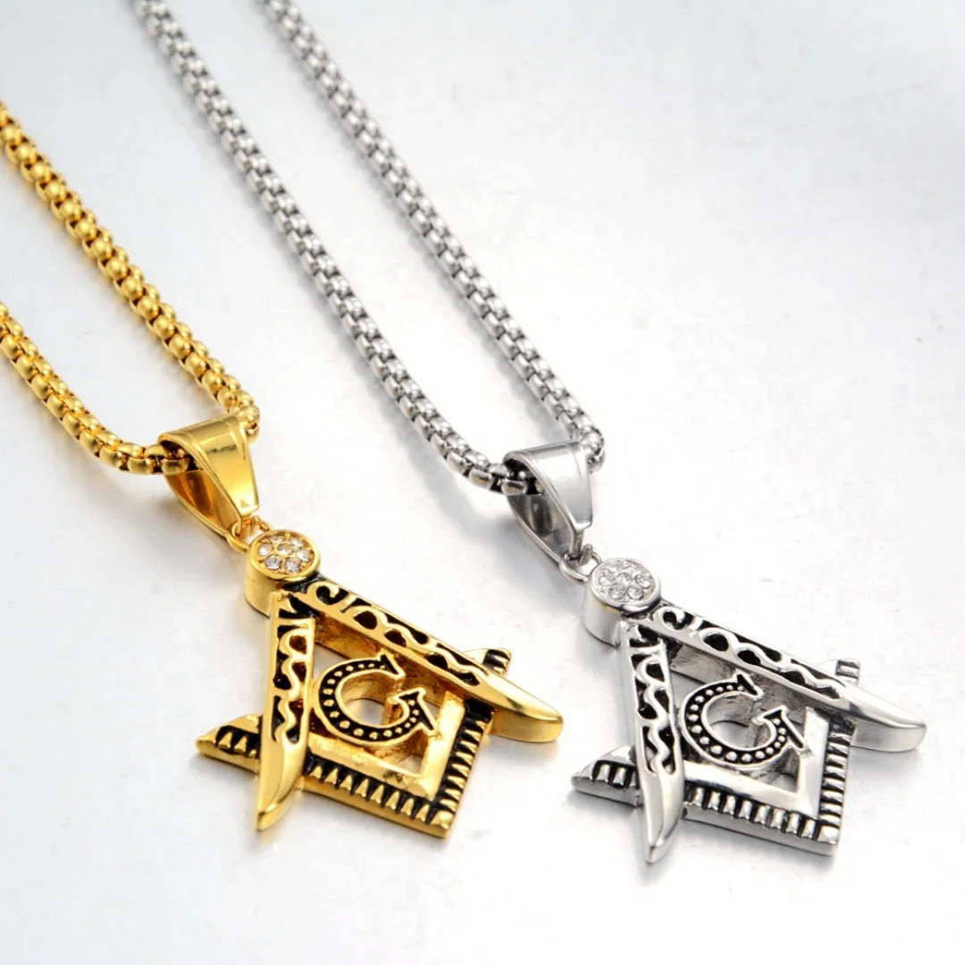 Punk Fashion Masonic Symbol Pendant Gold Silver Color Stainless Steel Zirconia Mason Necklace for Woman Man Jewelry Wholesale