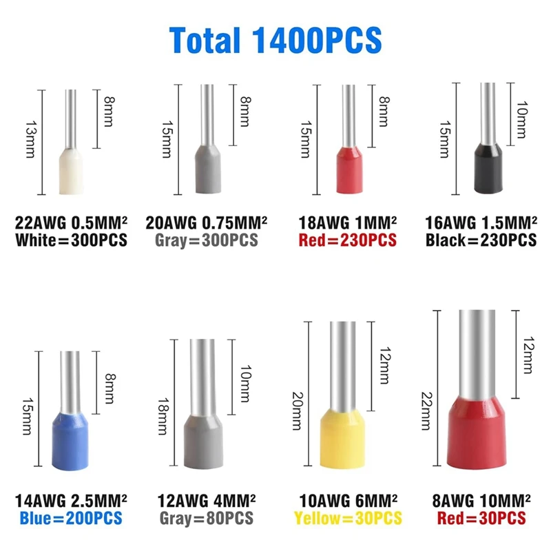 1400 Piece Wire Ferrule Connectors Kit As Shown Plastic+Metal Nylon Insulated Pin Cord End Connectors