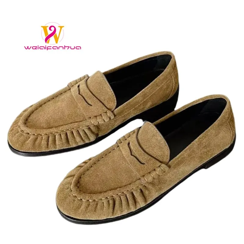 

Women's Loafers Made of Top-grade Cowhide, 2026 New Style, Suede Upper, High Heels, High-quality Pleated Women's Shoes Luxury
