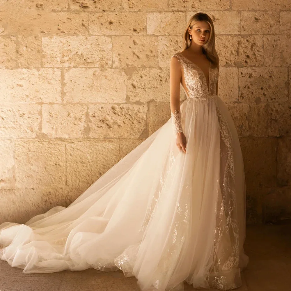 

Graceful A-Line Wedding Dresses Scalloped Long Sleeve Vestido De Novia Lace Embroidery Customized Glitter Bridal Gown