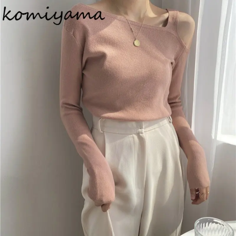 Komiyama Feminino Off Shoulder Womens Clothing Long Sleeve Y2k Sweater Asymmetrical Pullover Tops Bottomed Women Knitwears