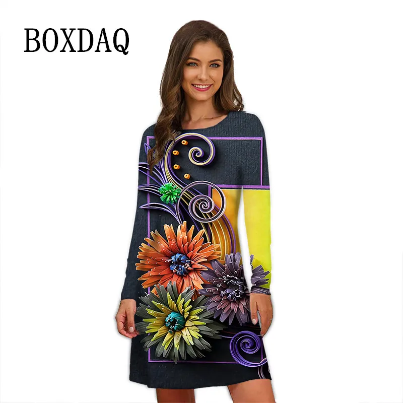 Floral Printed Vintage Dress Women Clothing Autumn Winter Long Sleeve Pullovers Ladies Dress Casual Street Loose Oversized Dress