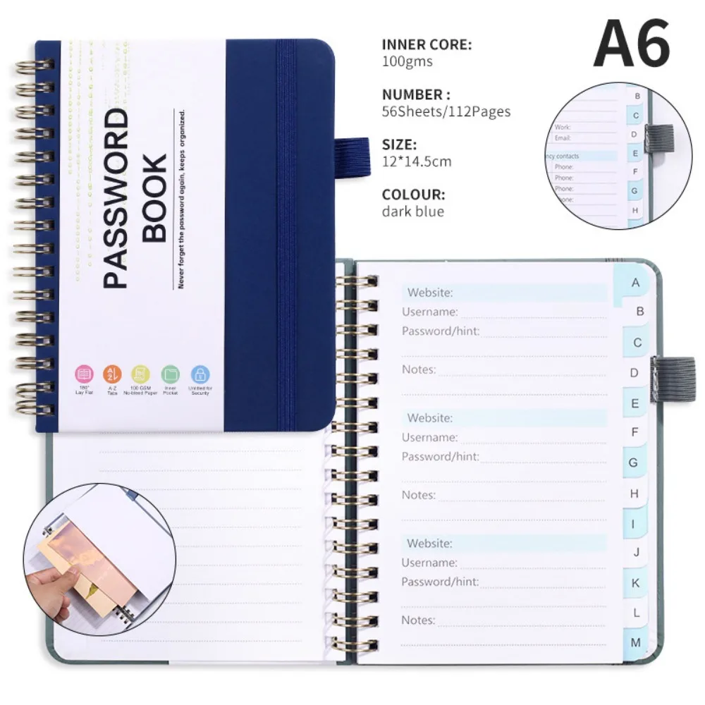 

With Alphabetical Tabs Pocket Password Keeper Book A6/B6 Size with Penholder Password Keeper Notebook Strap Portable
