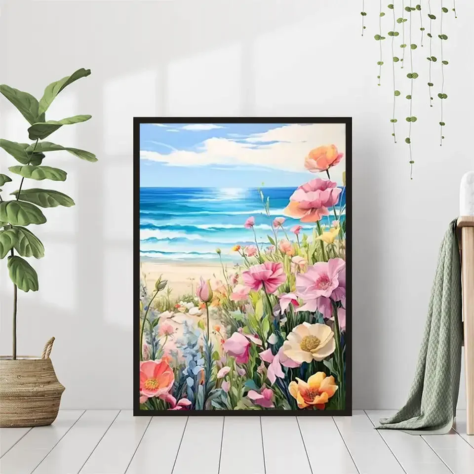 Digital Oil Painting Tulip Poppy Flowers Seaside DIY Paint By Number Scenery Drawing On Canvas Acrylic Paint Handpainted Gift - Image 3