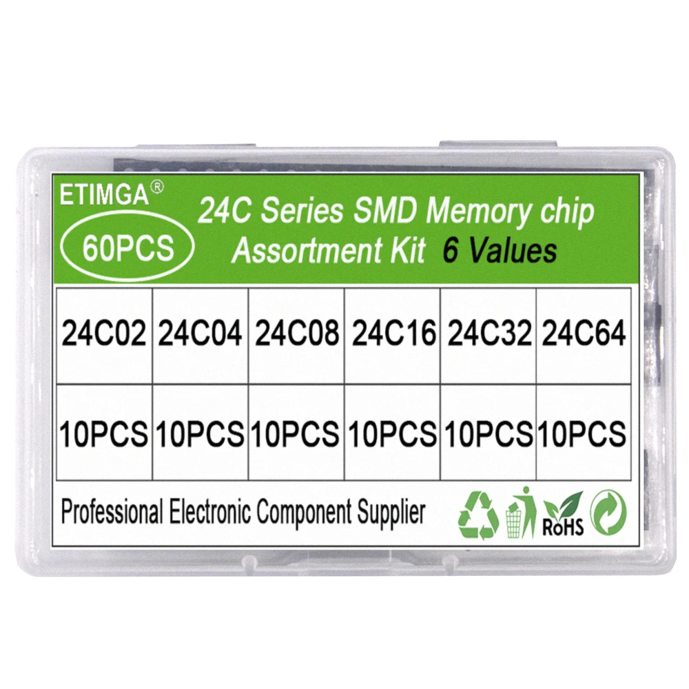 60PCS 6Werte Speicher Chip Sortiment Kit 24C02 24C04 24C08 24C16 24C32 24C64 Probe Tasche Mit Box SOP8