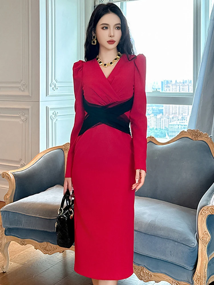 

Women's Professional Dresses Retro Elegant Bubble Sleeve Black Mesh Cross Wrap Hip Slit Midi Robe Femme OL Work Style Vestidos