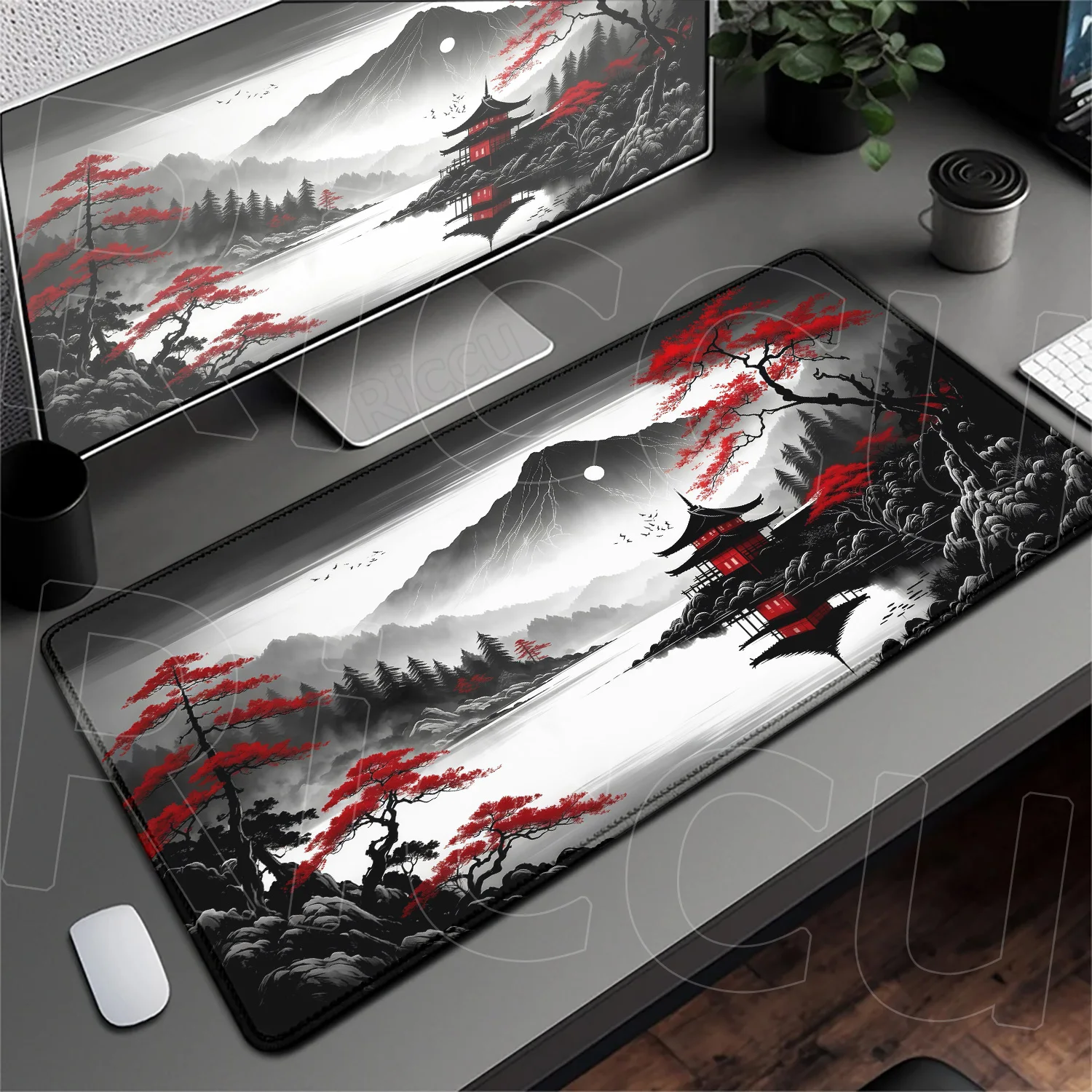 Black And White Style Cherry Blossom Computer Mousepad Xxl Anti-Slip Long Deskmat Sakura Scenery Game Lock Edge Keyboard Cushion