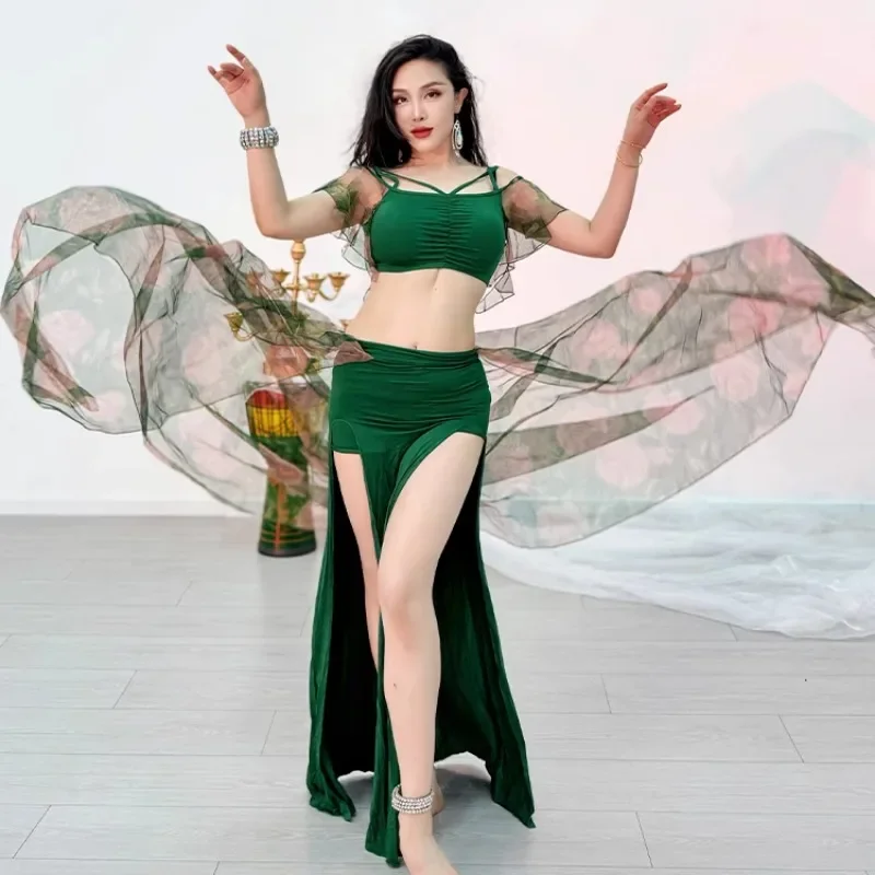 

modal green top long skirt customized belly dance costume practice outfit ink rhyme flowing yarn imitation silk veil skirt set