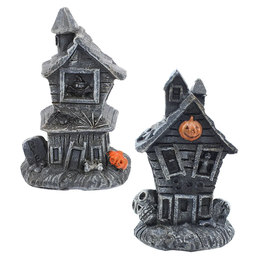 

2Pcs Mini Haunted House Ornament with LED Lights Halloween Pumpkin Ghost House Resin Decor for Indoor Outdoor Festival Setup