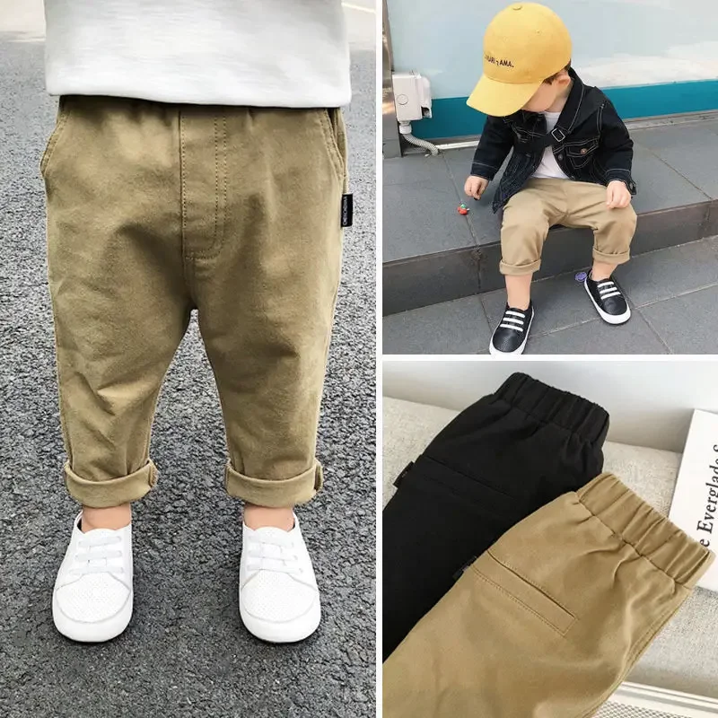 1-9Y Spring  Autumn Kids Children Pants Baby Boy Cotton Washed Casual Trousers Elastic Waist Straight/Harlan Multiple Styles