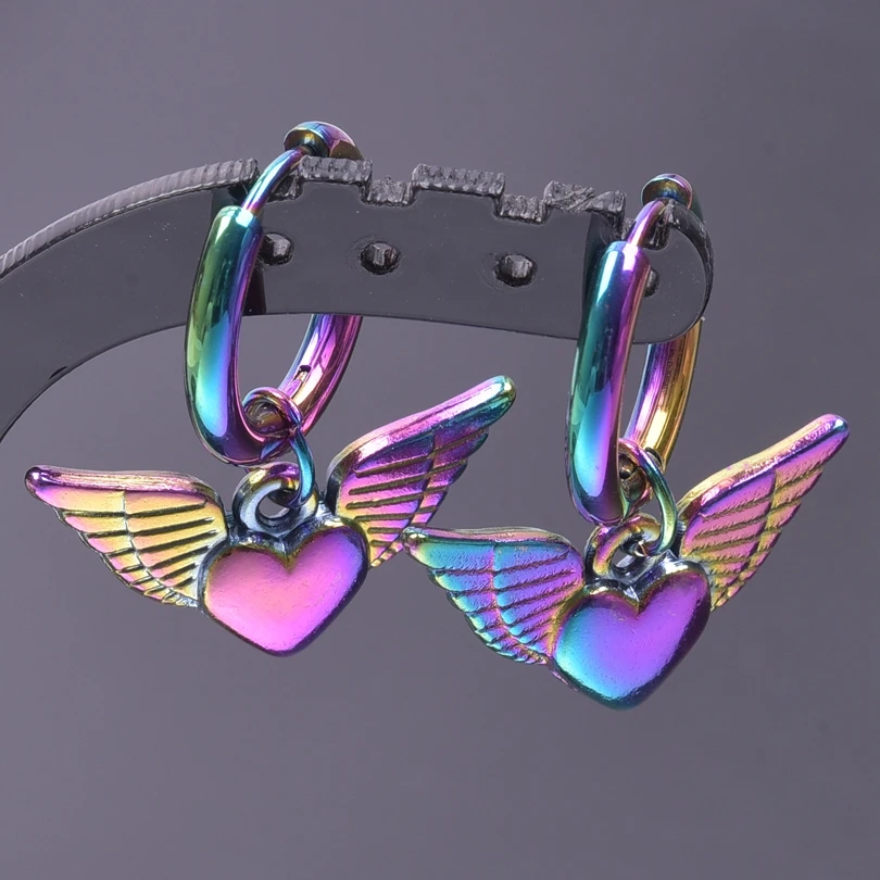 Multistyle Rainbow Ear Jewelry Stainless Steel Hoops Fashion Alloy Heart Wings  Witch Hat Foot Sun Charm Earrings For Women Men