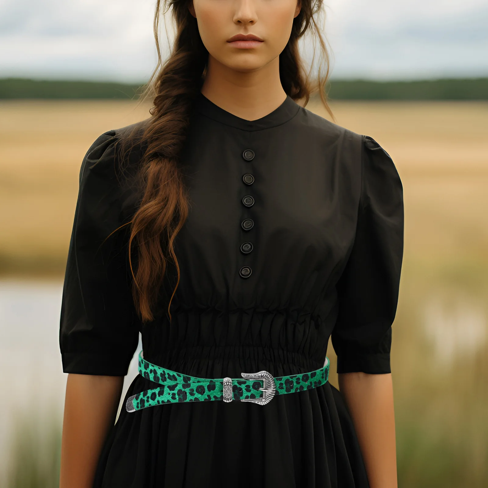 

Elegant Ladies Leopard Print Belt Vintage Western Buckle Wide Waistband Green Jeans Dress Casual Buckle Belt Leopard Wide Belts