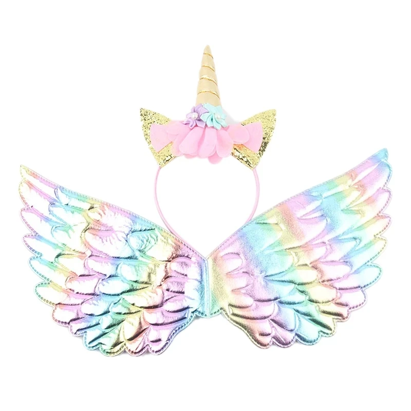 Girls Angel Wings Rainbow Unicorn Headband Fairy Wings For Kids Birthday Baby Shower Party Decor Prom Performance Cosplay Props