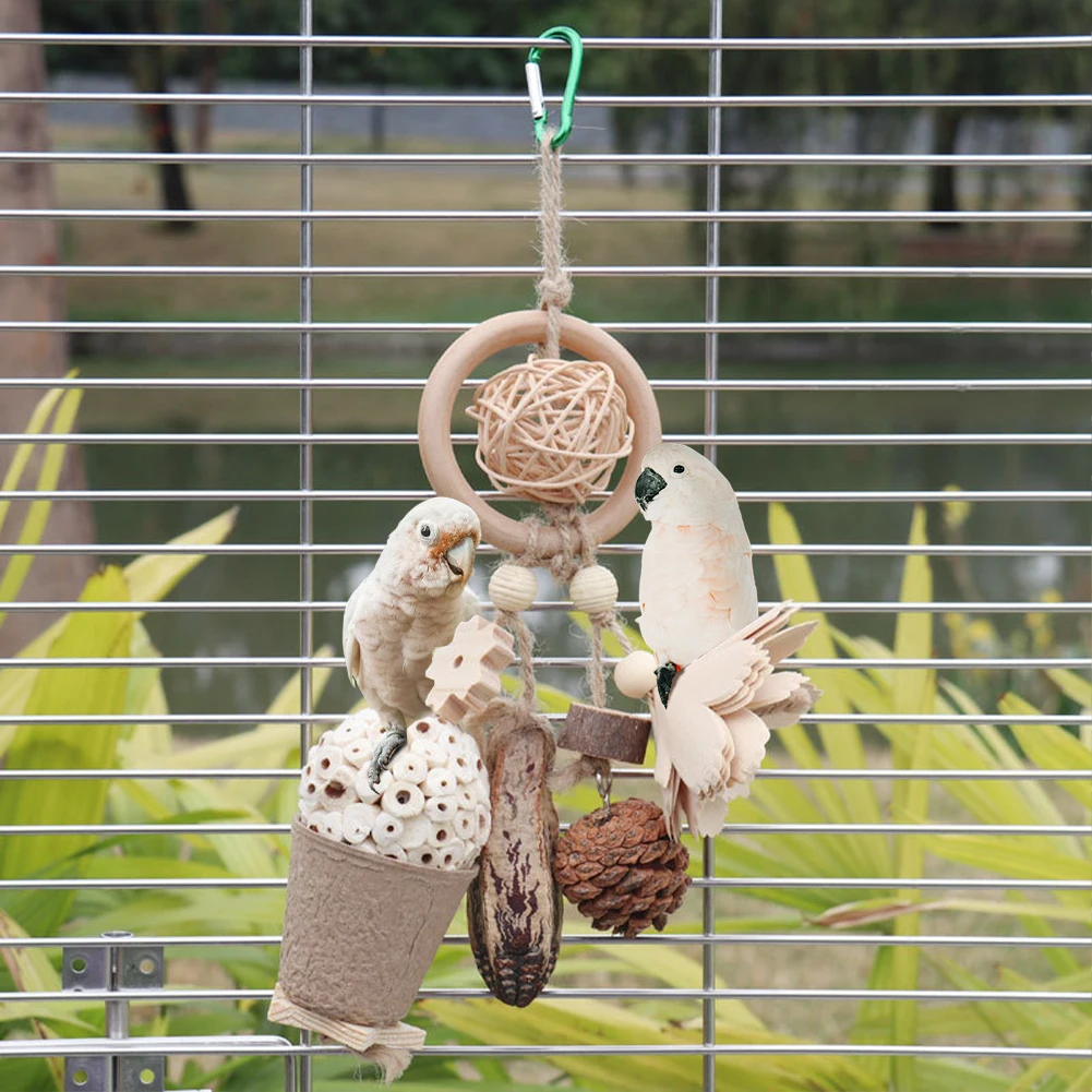 Natural Wood Bird Bite Toys Rattan Ball Pinecone Wood Block Parrot Chewing Toys With Metal Hook Bird Cage Accessory For Parrot